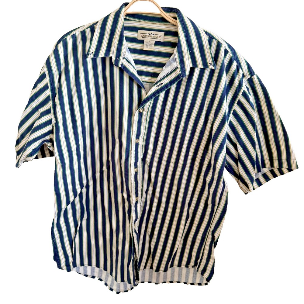 Natural Issue Shirt Mens Large Striped‎ Button Up Short Sleeve Casual Classic
